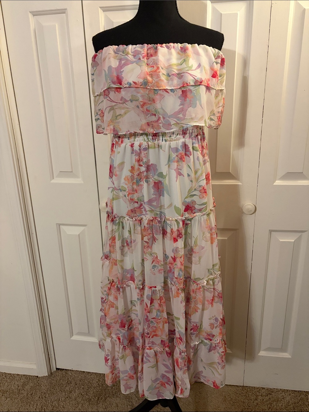 Floral Off-Shoulder Midi Dress Pink & White